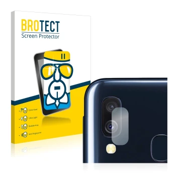 Front side of a product packaging with the brand logo BROTECT. Next to it is the device Samsung Galaxy A40 (ONLY Camera Lens) 
