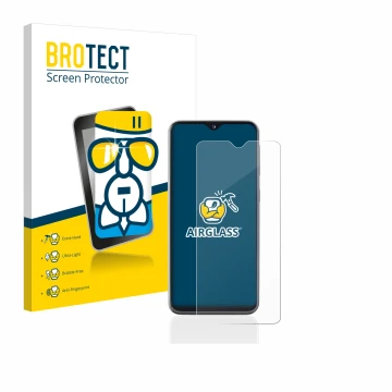 Front side of a product packaging with the brand logo BROTECT. Next to it is the device Samsung Galaxy A20e shown with the cor