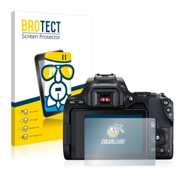 Front side of a product packaging with the brand logo BROTECT. Next to it is the device Canon EOS 250D shown with the correspo