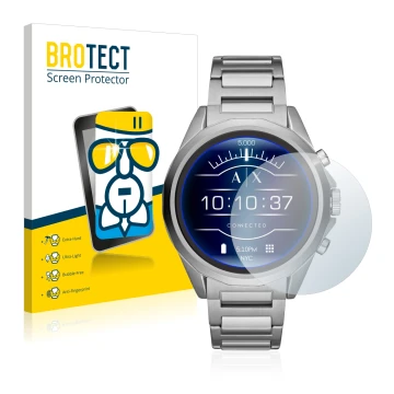 Front side of a product packaging with the brand logo BROTECT. Next to it is the device Emporio Armani Connected Exchange AXT2