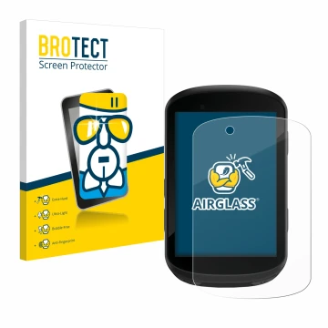 Front side of a product packaging with the brand logo BROTECT. Next to it is the device Garmin Edge 830 shown with the corresp