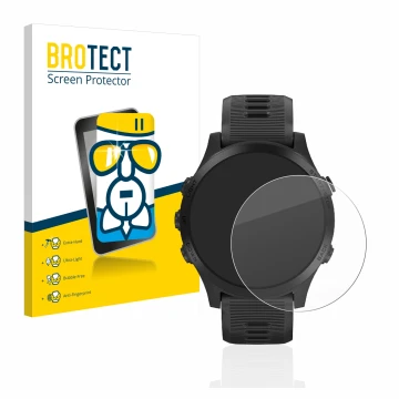 Front side of a product packaging with the brand logo BROTECT. Next to it is the device Garmin Forerunner 945 shown with the c