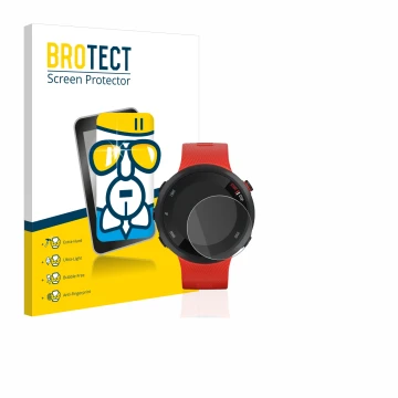 Front side of a product packaging with the brand logo BROTECT. Next to it is the device Garmin Forerunner 45 shown with the co