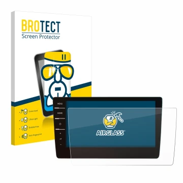 Front side of a product packaging with the brand logo BROTECT. Next to it is the device Volkswagen Tiguan 2019 Discover Pro 9.