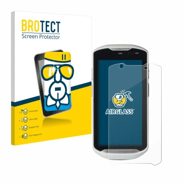 Front side of a product packaging with the brand logo BROTECT. Next to it is the device Zebra TC52-HC shown with the correspon