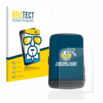 Front side of a product packaging with the brand logo BROTECT. Next to it is the device Wahoo Elemnt Roam shown with the corre