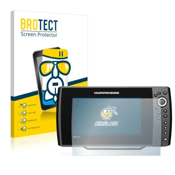 Front side of a product packaging with the brand logo BROTECT. Next to it is the device Humminbird Helix 9 G3N shown with the 