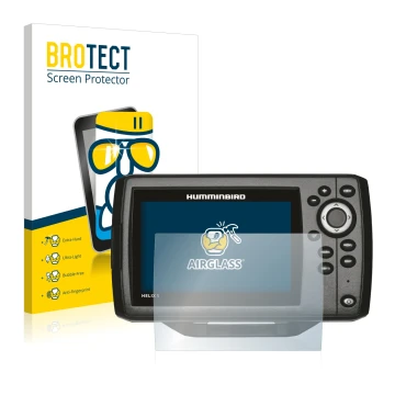 Front side of a product packaging with the brand logo BROTECT. Next to it is the device Humminbird Helix 5 shown with the corr