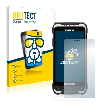 Front side of a product packaging with the brand logo BROTECT. Next to it is the device Handheld Nautiz X6 shown with the corr