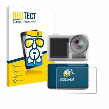 Front side of a product packaging with the brand logo BROTECT. Next to it is the device DJI Osmo Action shown with the corresp