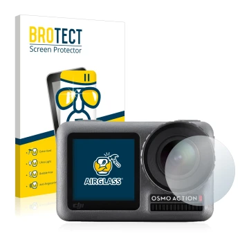 Front side of a product packaging with the brand logo BROTECT. Next to it is the device DJI Osmo Action (Lens) shown with the 