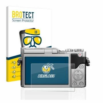 Front side of a product packaging with the brand logo BROTECT. Next to it is the device Panasonic Lumix DC-GX880 shown with th