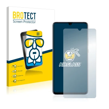 Front side of a product packaging with the brand logo BROTECT. Next to it is the device Huawei Mate 20 X (5G) shown with the c