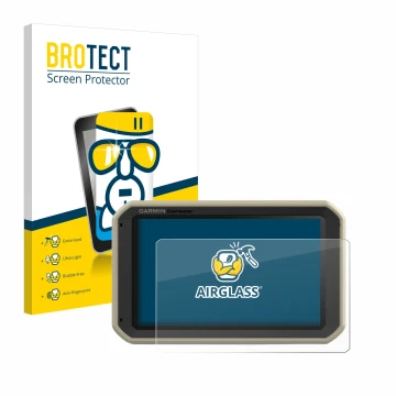 Front side of a product packaging with the brand logo BROTECT. Next to it is the device Garmin Overlander shown with the corre