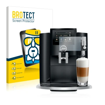 Front side of a product packaging with the brand logo BROTECT. Next to it is the device Jura S8 shown with the corresponding s