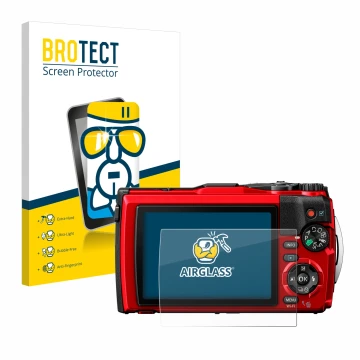 Front side of a product packaging with the brand logo BROTECT. Next to it is the device Olympus Tough TG-6 shown with the corr