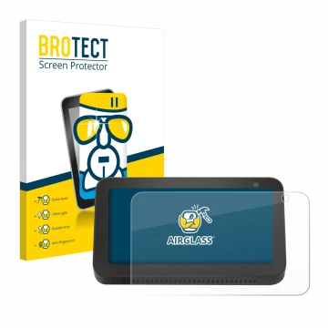 Front side of a product packaging with the brand logo BROTECT. Next to it is the device Amazon Echo Show 5 (2nd Gen.) shown wi