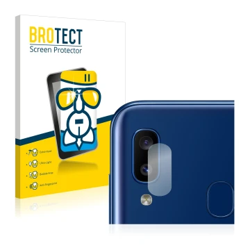 Front side of a product packaging with the brand logo BROTECT. Next to it is the device Samsung Galaxy A20e (ONLY Camera Lens)