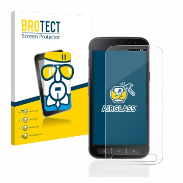 Front side of a product packaging with the brand logo BROTECT. Next to it is the device Samsung Galaxy XCover 4s shown with th