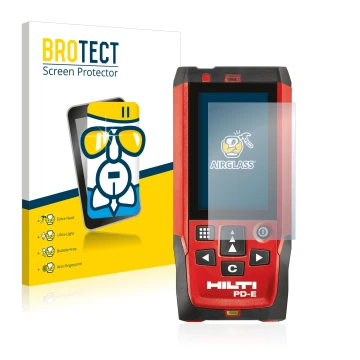 Front side of a product packaging with the brand logo BROTECT. Next to it is the device Hilti PD-E shown with the correspondin