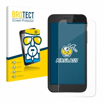 Front side of a product packaging with the brand logo BROTECT. Next to it is the device Shiftphones Shift5me shown with the co