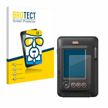 Front side of a product packaging with the brand logo BROTECT. Next to it is the device Fujifilm Instax Mini LiPlay shown with