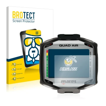 Front side of a product packaging with the brand logo BROTECT. Next to it is the device Mares Quad Air shown with the correspo