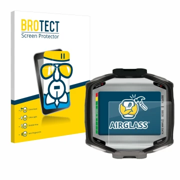 Front side of a product packaging with the brand logo BROTECT. Next to it is the device Mares Quad shown with the correspondin