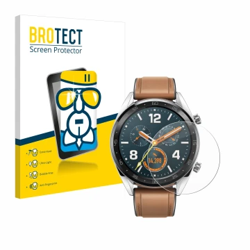Front side of a product packaging with the brand logo BROTECT. Next to it is the device Huawei Watch GT Classic shown with the