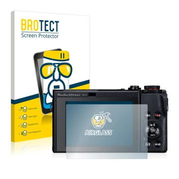 Front side of a product packaging with the brand logo BROTECT. Next to it is the device Canon PowerShot G5 X Mark II shown wit