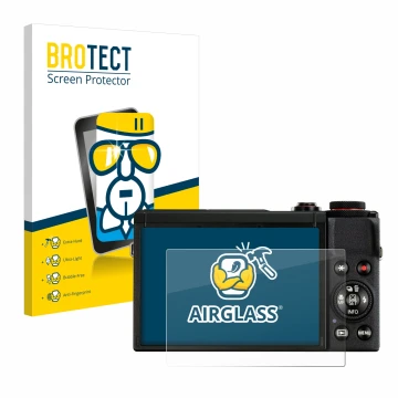 Front side of a product packaging with the brand logo BROTECT. Next to it is the device Canon PowerShot G7 X Mark III shown wi