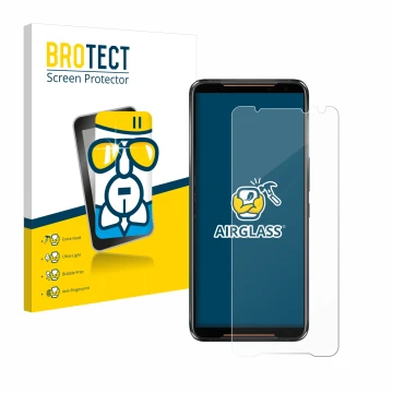 Front side of a product packaging with the brand logo BROTECT. Next to it is the device ASUS ROG Phone 2 shown with the corres