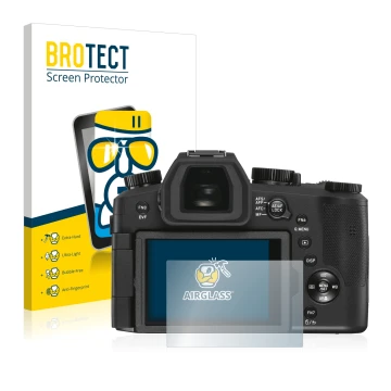 Front side of a product packaging with the brand logo BROTECT. Next to it is the device Leica V-LUX 5 shown with the correspon