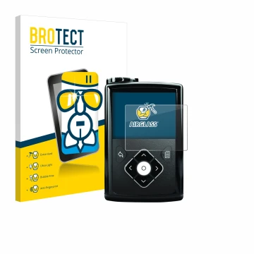 Front side of a product packaging with the brand logo BROTECT. Next to it is the device Medtronic Minimed 640G shown with the 