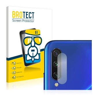 Front side of a product packaging with the brand logo BROTECT. Next to it is the device Xiaomi Mi A3 (ONLY Camera Lens) shown 