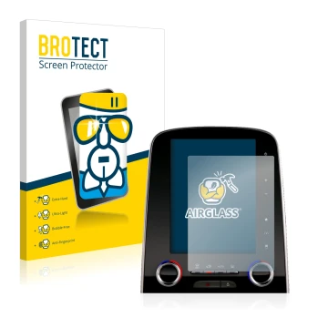 Front side of a product packaging with the brand logo BROTECT. Next to it is the device Renault Scenic R-Link 2 8.7