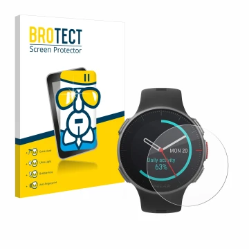 Front side of a product packaging with the brand logo BROTECT. Next to it is the device Polar Vantage V Titan shown with the c