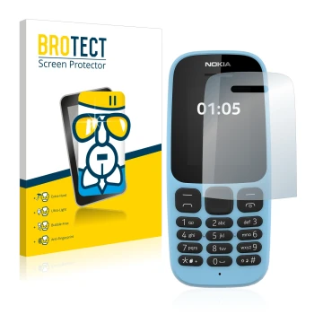 Front side of a product packaging with the brand logo BROTECT. Next to it is the device Nokia 105 2019 shown with the correspo
