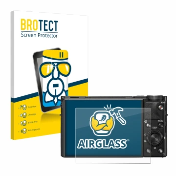 Front side of a product packaging with the brand logo BROTECT. Next to it is the device Sony Cyber-Shot DSC-RX100 VII shown wi