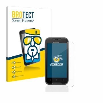 Front side of a product packaging with the brand logo BROTECT. Next to it is the device Datalogic Memor 10 shown with the corr