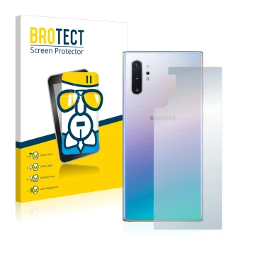 Front side of a product packaging with the brand logo BROTECT. Next to it is the device Samsung Galaxy Note 10 Plus (Back) sho