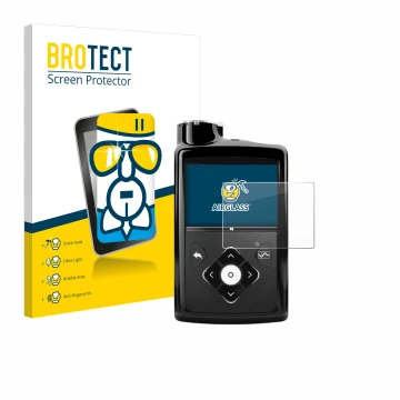 Front side of a product packaging with the brand logo BROTECT. Next to it is the device Medtronic Minimed 670G shown with the 