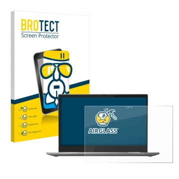 Front side of a product packaging with the brand logo BROTECT. Next to it is the device Lenovo ThinkPad X1 Yoga (4th Gen.) sho