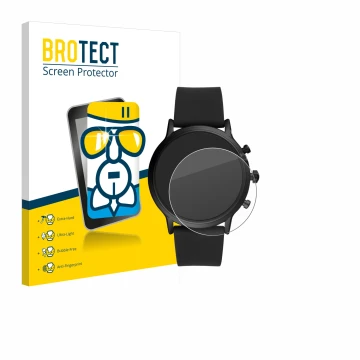 Front side of a product packaging with the brand logo BROTECT. Next to it is the device Fossil The Carlyle HR (5.Gen) shown wi