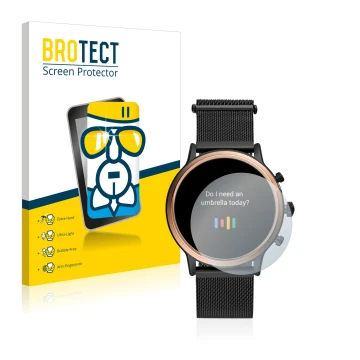 Front side of a product packaging with the brand logo BROTECT. Next to it is the device Fossil Julianna HR (5.Gen) shown with 
