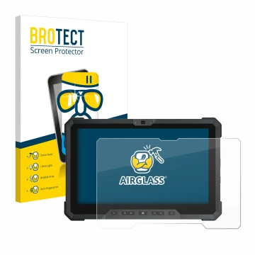 Front side of a product packaging with the brand logo BROTECT. Next to it is the device Dell Latitude 12 Rugged 7212 shown wit