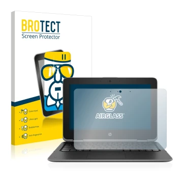 Front side of a product packaging with the brand logo BROTECT. Next to it is the device HP ProBook x360 11 G3 shown with the c