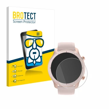 Front side of a product packaging with the brand logo BROTECT. Next to it is the device Huami Amazfit GTR (42 mm) shown with t