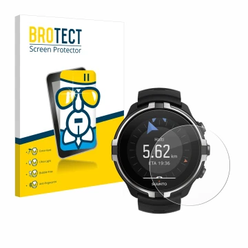 Front side of a product packaging with the brand logo BROTECT. Next to it is the device Suunto Spartan Sport Wrist HR Baro Ste