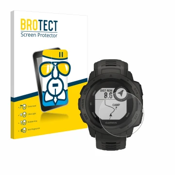 Front side of a product packaging with the brand logo BROTECT. Next to it is the device Garmin Instinct Tactical Edition shown